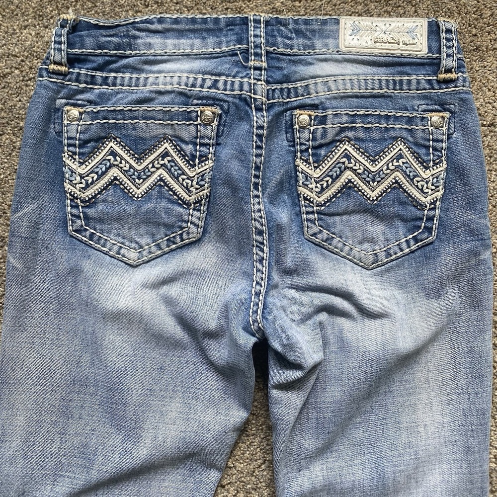 Flare Y2K Jeans Women Size 28 Blue Thick Stitch Low Rise Embroidered - Picture 3 of 13